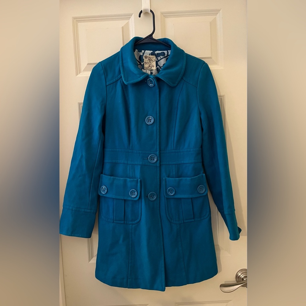 Women’s Tulle Anthropologie Wool Midi Pea coat turquoise large buttons lined M